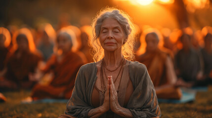 Senior Woman in Peaceful Meditation with Group at Sunset in the Park