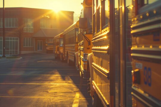 A line of school buses parked outside a school, the morning sun casting long shadows, symbolizing the start of a school day. Use for First Day of School