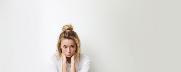 White background sad european white Woman realistic person portrait of young beautiful bad mood expression Woman Isolated on Background depression