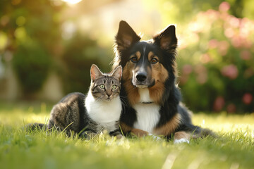 A cat and dog sitting together on grass, looking at the camera, daylight, outdoor setting