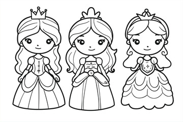coloring pages with cute princess characters, happy princess characters set. Black and white vector illustration of children's activity coloring book pages with pictures of Character princess