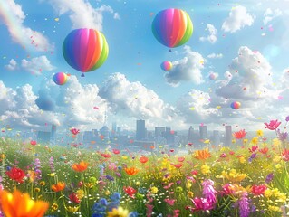 Fototapeta premium Vibrant Pride Celebration: Colorful Balloons Over Grassy Meadow