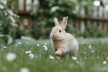 An adorable rabbit hopping in a grassy field dotted with white flowers on a sunny day