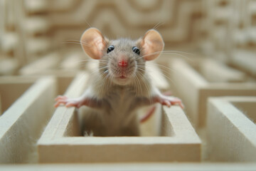 Mouse in a maze, curious mouse navigating maze, close-up, whiskers, ears, laboratory rat, maze study, rodent