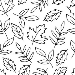 Obraz premium Simple vector seamless pattern with autumn leaves. Black outline on a white background. For prints of fabric, packaging, stationery.