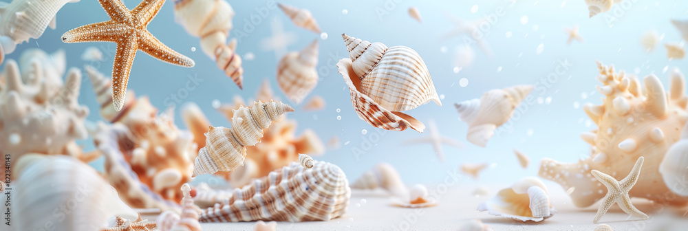 Sticker floating sea shells and starfish with bubble on blue background banner. panoramic web header. wide s