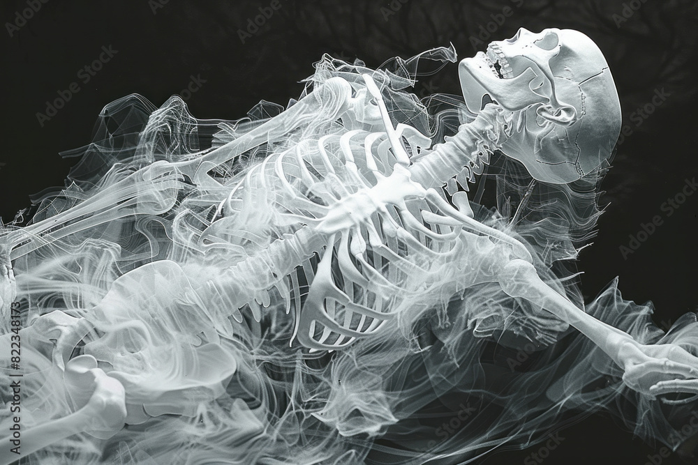 Aufkleber illustration of death, depicted as a skeletal figure dissolving into abstract shapes and lines, symb