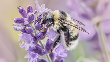 Fototapeta premium A bee pollinates a lavender flower.