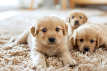 Cute puppies laying on a soft carpet, looking at the camera with adorable expressions on their faces