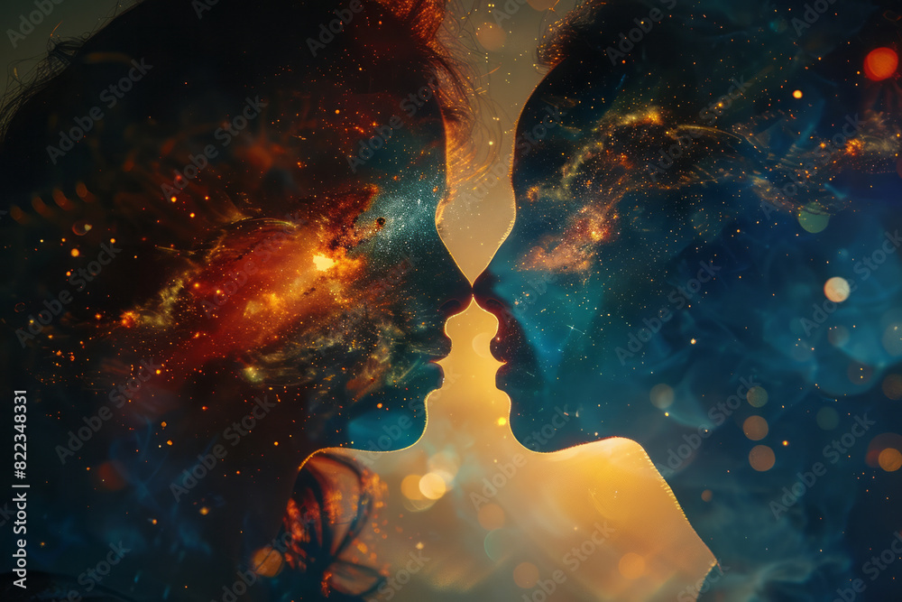 Aufkleber illustration of the lovers (card 6) as twin stars in a binary system, highlighting unity and cosmic 