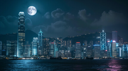 City Skyline Illuminated by Full Moon Over Waterfront. Stunning Nighttime Urban Landscape with Skyscrapers Reflecting in Water, Capturing the Serene Beauty of a City Bathed in Moonlight