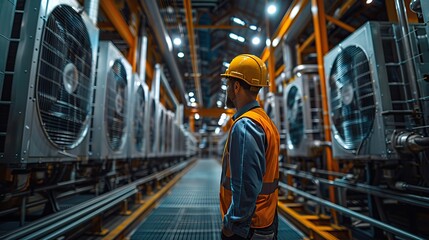 engineer under checking the industry cooling tower air conditioner is water cooling tower air chiller hvac of large industrial building to control air system.stock photo