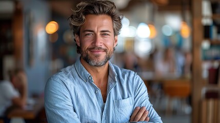 Fototapeta premium portrait of cheerful businessman with arms folded standing in conference room happy young business man in shirt looking at camera portrait of a smiling businessman in modern office.stock image