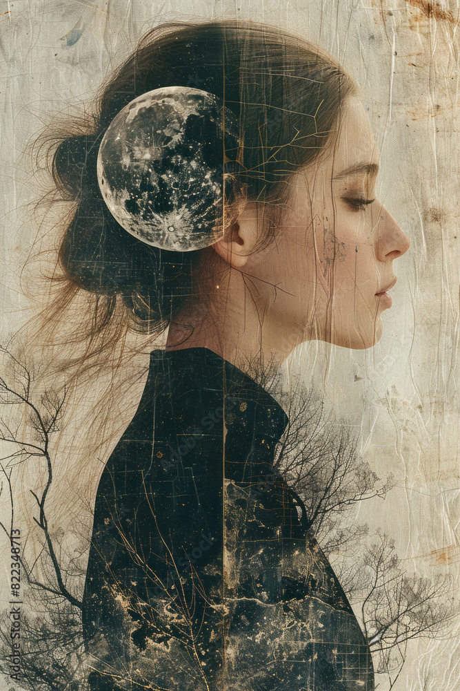 Poster Abstract illustration of The High Priestess (card 2) represented by a split image of light and dark moons, symbolizing intuition and hidden knowledge,