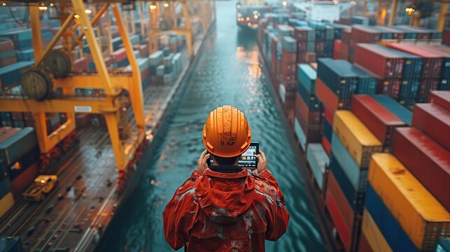 engineer wearing uniform inspection and see detail on tablet with logistics container dock cargo yard with working crane bridge in shipyard with transport logistic import export.illustration