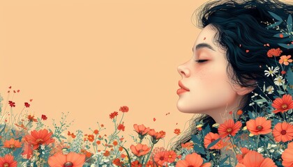 Fototapeta premium A woman's face is surrounded by flowers and leaves by AI generated image