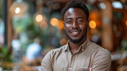 Obraz premium young manager leadership and smile of a black man standing with arms crossed in a startup business for motivation innovation and success.illustration