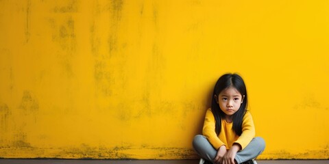 Yellow background sad Asian child Portrait of young beautiful in a bad mood child Isolated on...