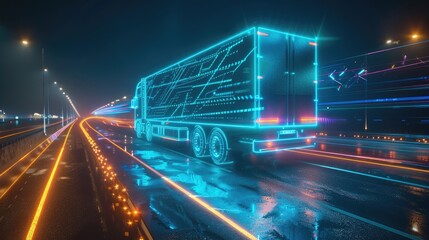 Fototapeta premium Futuristic truck on the road, glowing lines and holographic elements in a blue color background, wide angle side view.