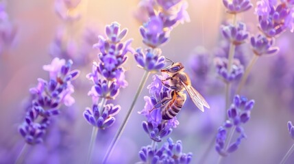 Bee pollinating lavender flowers in a field