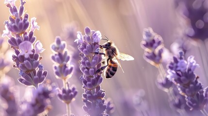 Bee pollinating lavender flowers in a field.
