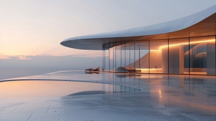 A minimalist, modern architecture structure with curved glass walls and flat roof tiles. 