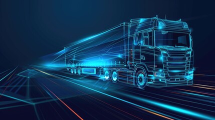 Futuristic truck on the road, glowing lines and holographic elements in a blue color background, wide angle side view.