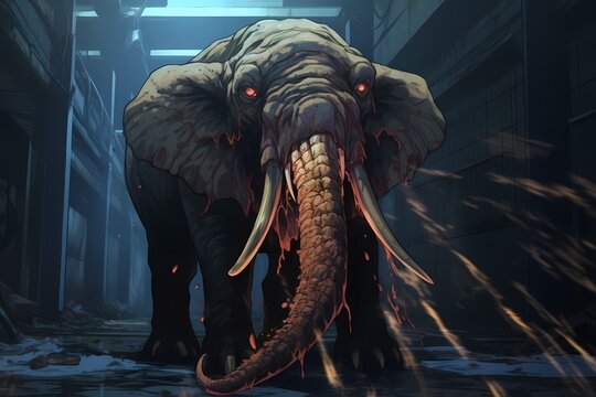 Illustration Of A Scary Elephant In A Dark Alley