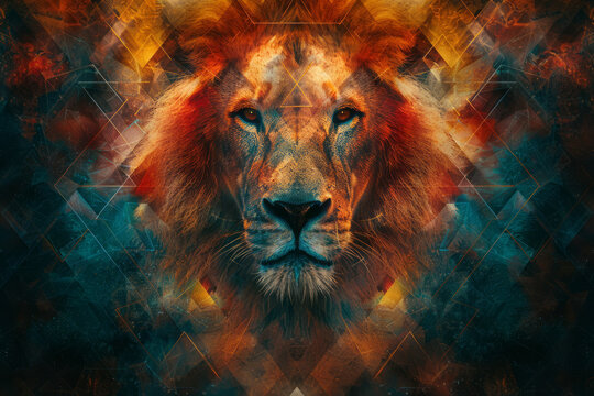 Abstract image of Strength (card 8) framed by a geometric lionâ€™s head, integrating courage and sacred geometry,