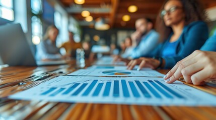 paperwork and group of peoples hands on a board room table at a business presentation or seminar the documents have financial or marketing figures graphs and charts on them.stock photo