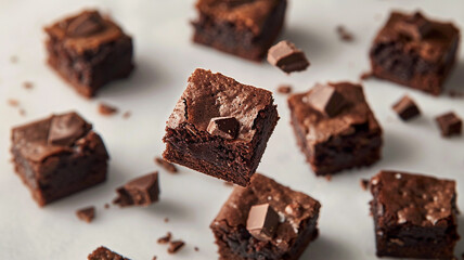 Chunky brownie pieces hovering in the air with a plain background