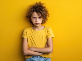 Yellow background sad European white child realistic person portrait of young beautiful bad mood expression child Isolated on Background depression anxiety fear 