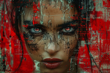 Collage portrait with multiple layers representing anger, featuring sharp shapes, intense red hues, and bold, fragmented text,