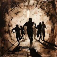 Fototapeta premium Oil painting of people running through a tunnel.