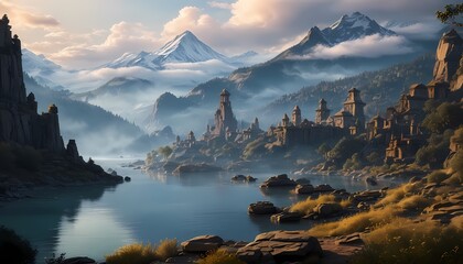 Ancient Dwemer ruins among the misty mountains. Generative AI, Generative, AI