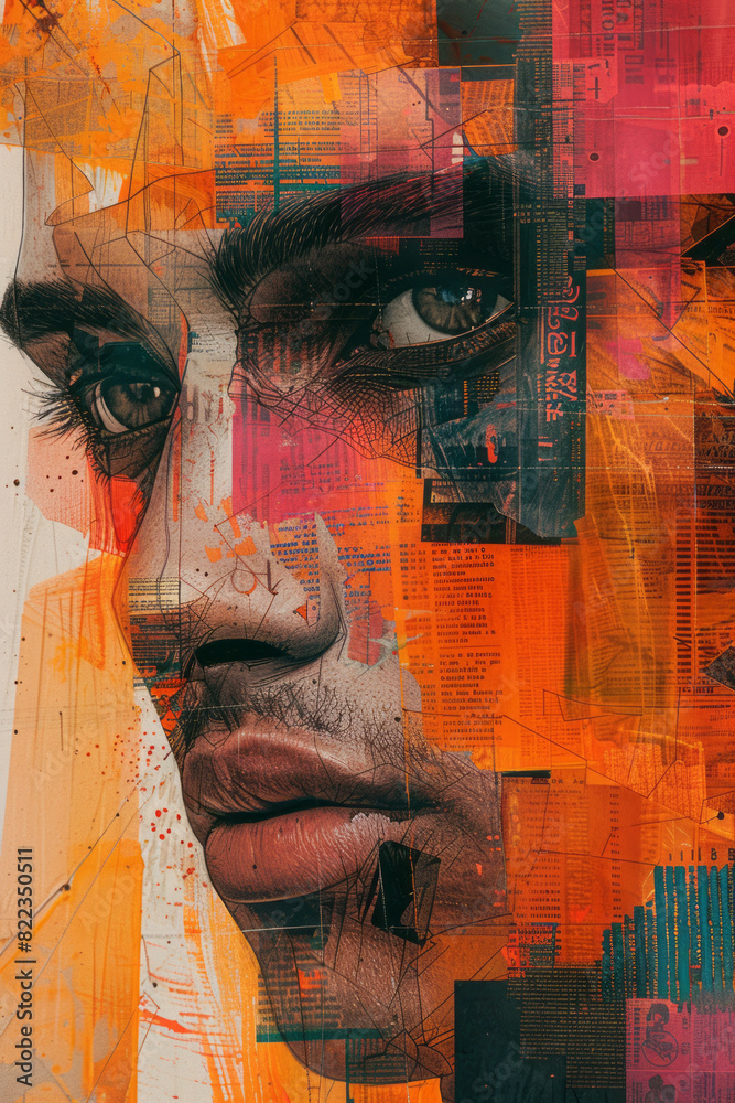 Poster abstract rendering of a face with layers symbolizing confusion, using chaotic patterns, fragmented t