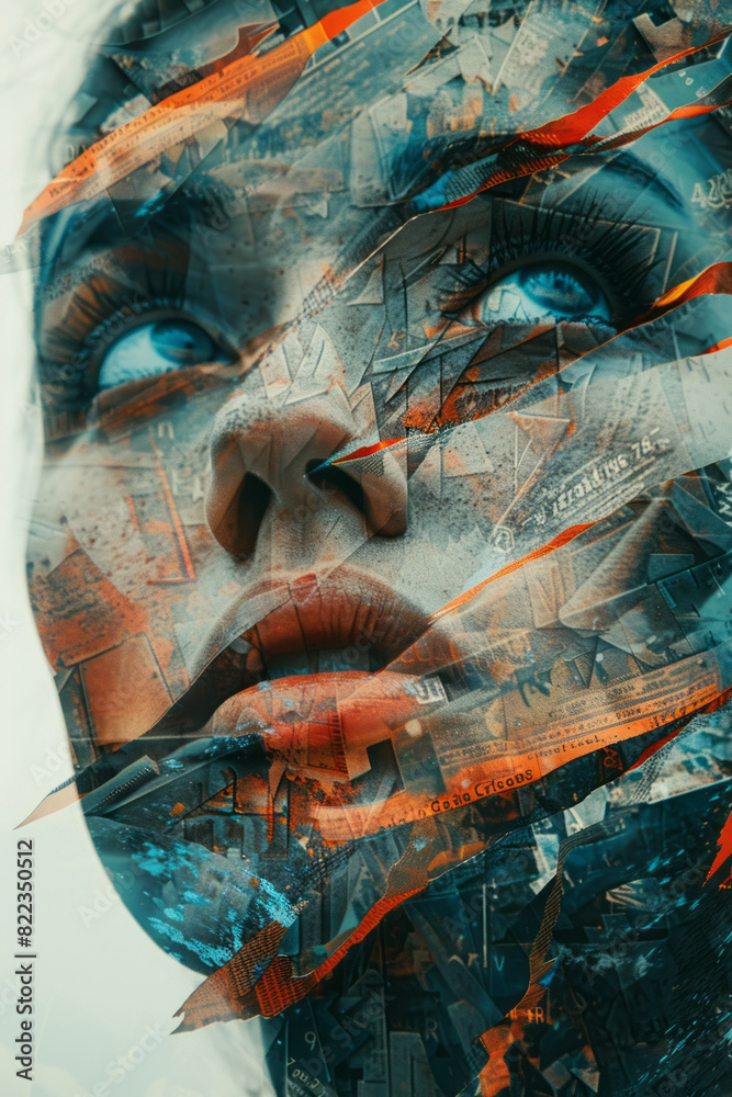 Poster abstract rendering of a face with layers symbolizing confusion, using chaotic patterns, fragmented t