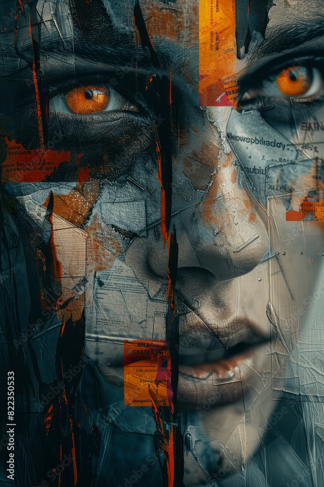 Poster abstract rendering of a face with layers symbolizing confusion, using chaotic patterns, fragmented t