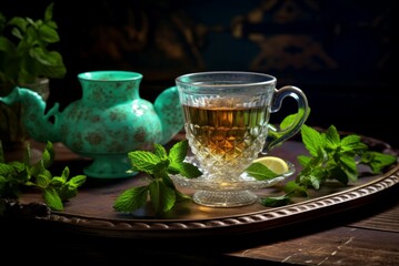 Steaming glass cup of tea with fresh mint leaves and a rustic backdrop