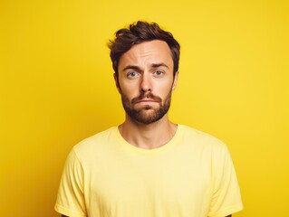 Yellow background sad european white man realistic person portrait of young beautiful bad mood expression man Isolated on Background depression anxiety fear