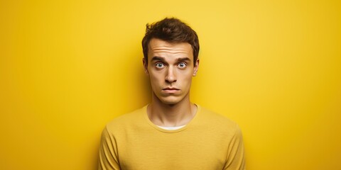 Yellow background sad european white man realistic person portrait of young beautiful bad mood expression man Isolated on Background depression anxiety fear