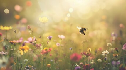 Fototapeta premium Summer meadow with flying bee and blurred flowers