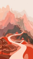 A digital painting of a winding road through a mountain pass