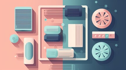 Create a colorful flat illustration of electronic components