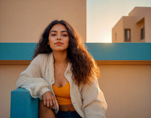 Vibrant Young Latin Woman Posing on a Beautiful Outdoor Terrace