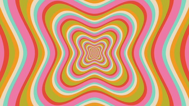 Retro, colorful rotating stripes tunnel, groovy, hippie, flat, abstract, cartoon looping background in seventies style.