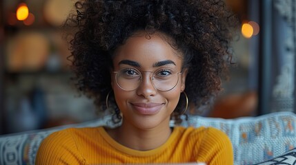happy black mixed race african black young woman in glasses with perfect smile sitting on sofa...