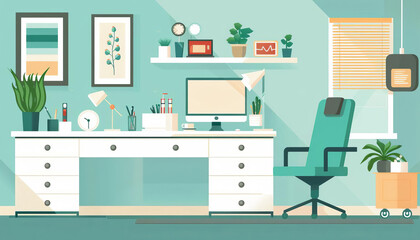 Modern home office with desk, chair, plants, and computer.