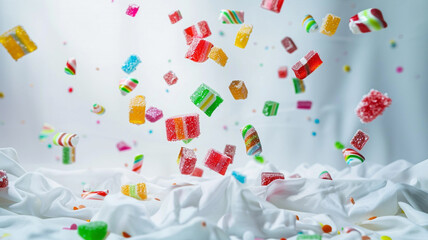 Fractured candy pieces drifting mid-air on a white canvas