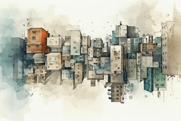 Abstract watercolor painting of a city skyline with buildings stacked on top of each other.